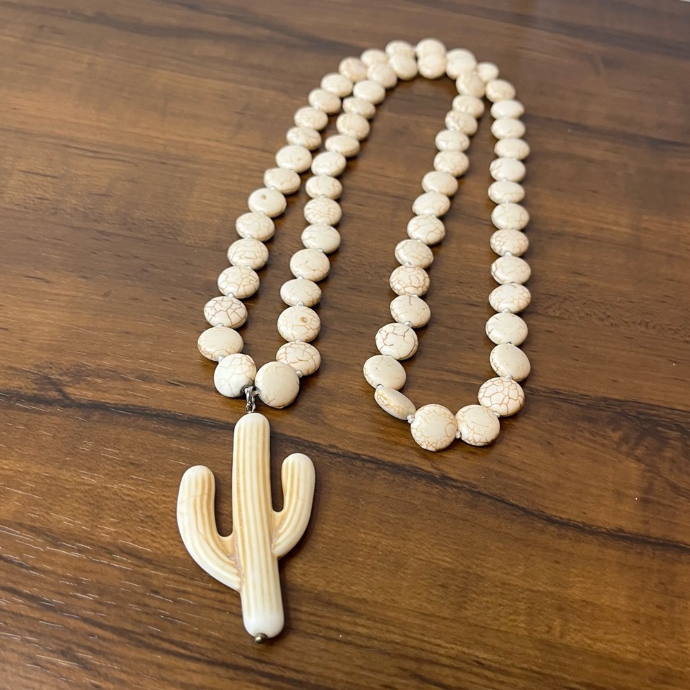 Boho Saguaro Cactus Pendant Necklace Faux White Turquoise Bohemian Jewelry